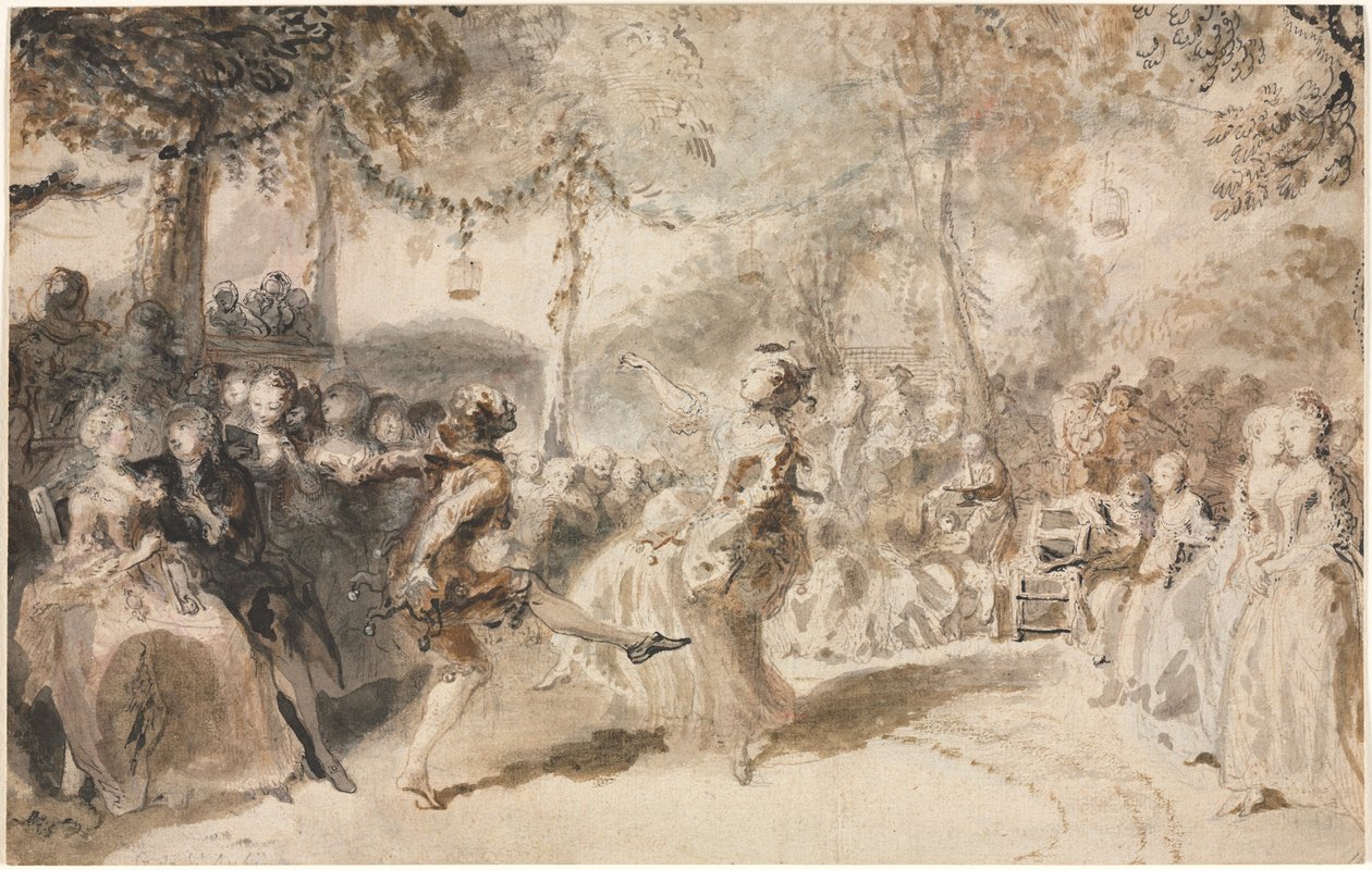 Jelmezes táncosok fellépnek egy kerti kocsmában, 1756. alkotó: Augustin de Saint Aubin
