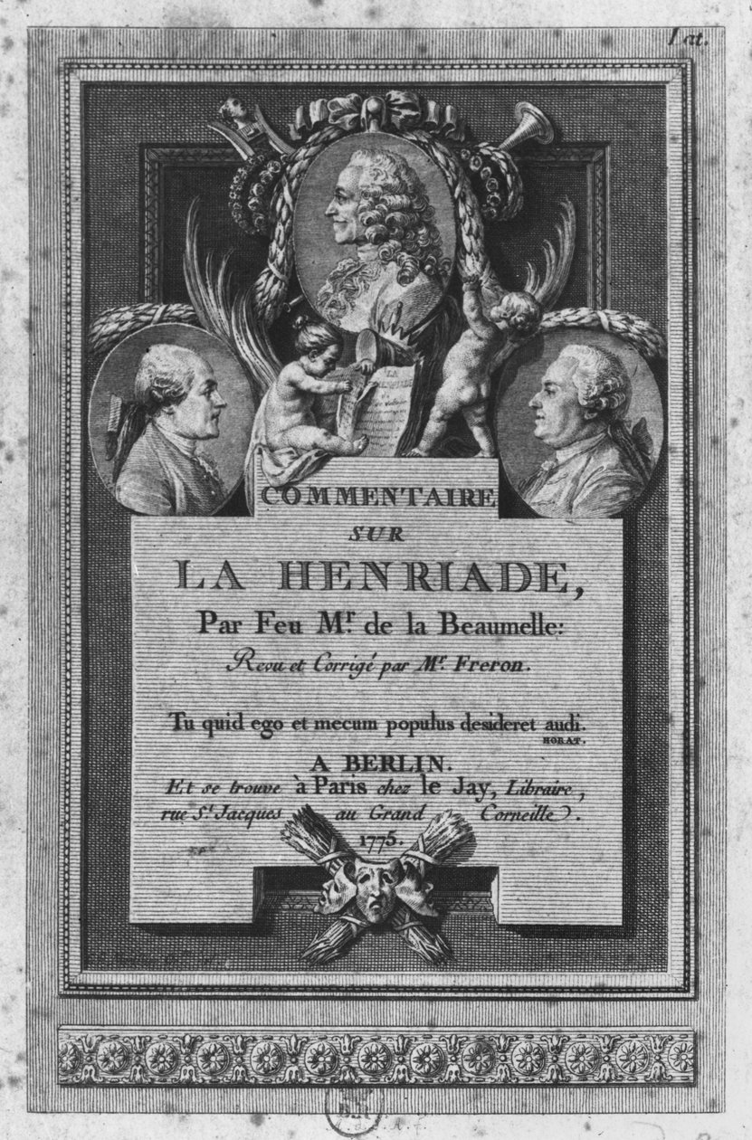 De la Beaumelle kommentárjának előlapja a Voltaire-féle „La Henriade”-hoz, Freron felülvizsgálta és frissítette, Berlinben és Párizsban, 1775 alkotó: Augustin de Saint Aubin