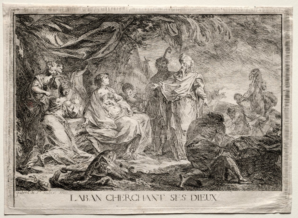 Lábán az isteneit keresi. alkotó: Augustin de Saint Aubin
