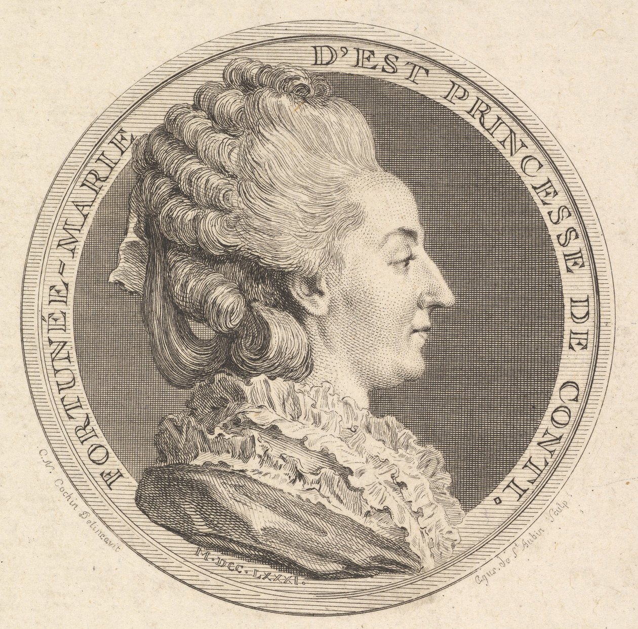 Fortunée-Marie dEst, Conti hercegnőjének portréérmének lenyomata, 1781. alkotó: Augustin de Saint Aubin