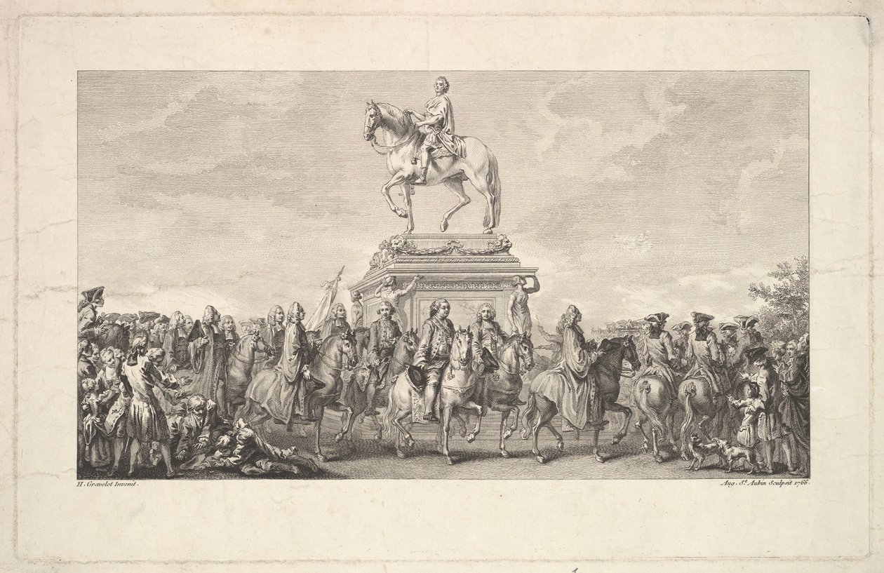 XV. Lajos szobrának felavatása, matrica az 1. oldalon, a Description des Trava...-ból, 1766. alkotó: Augustin de Saint Aubin
