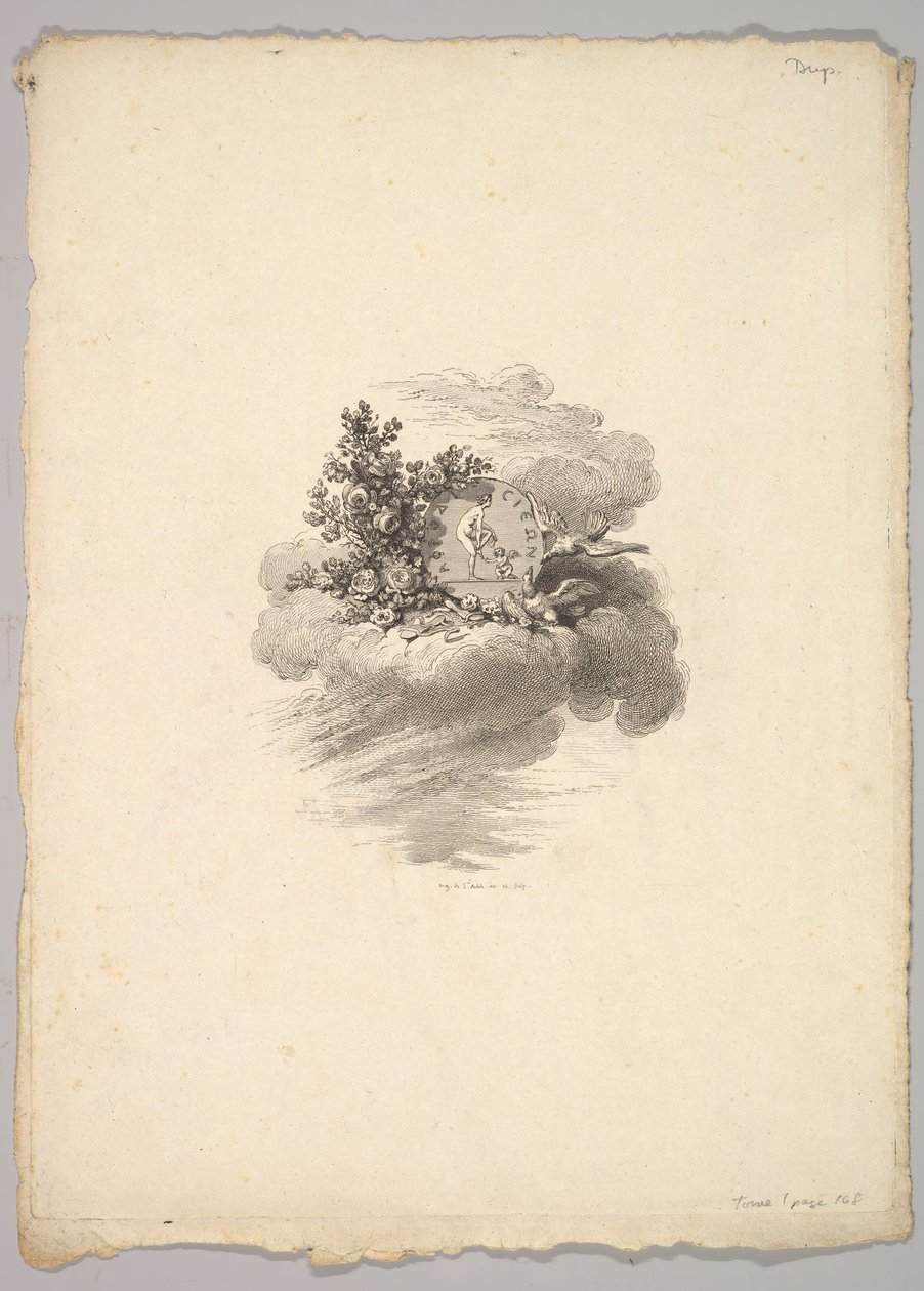 Matrica érmével a felhőn, rózsákkal balra, galambokkal lent és jobbra..., 1778-80. alkotó: Augustin de Saint Aubin