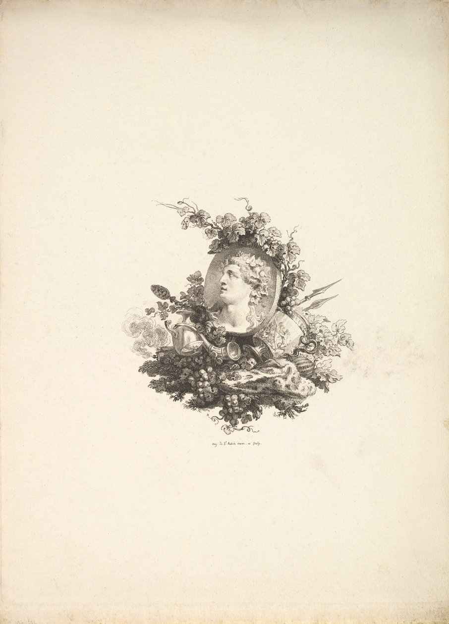 Vignetta Bacchus fejével egy kornélián, I. kötet, 242. oldal, a Description de..., 1778-80. alkotó: Augustin de Saint Aubin