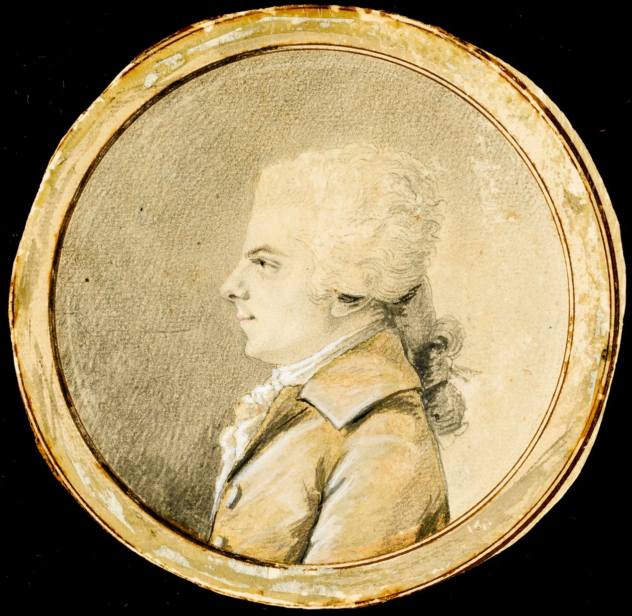 Wolfgang Amadeus Mozart – Augustin de Saint-Aubin (1736-1807). Szangvinikus, fekete kréta és fehér színű papíron, kb 1778. Mérete: D 13,8 cm. Magángyűjtemény alkotó: Augustin de Saint Aubin