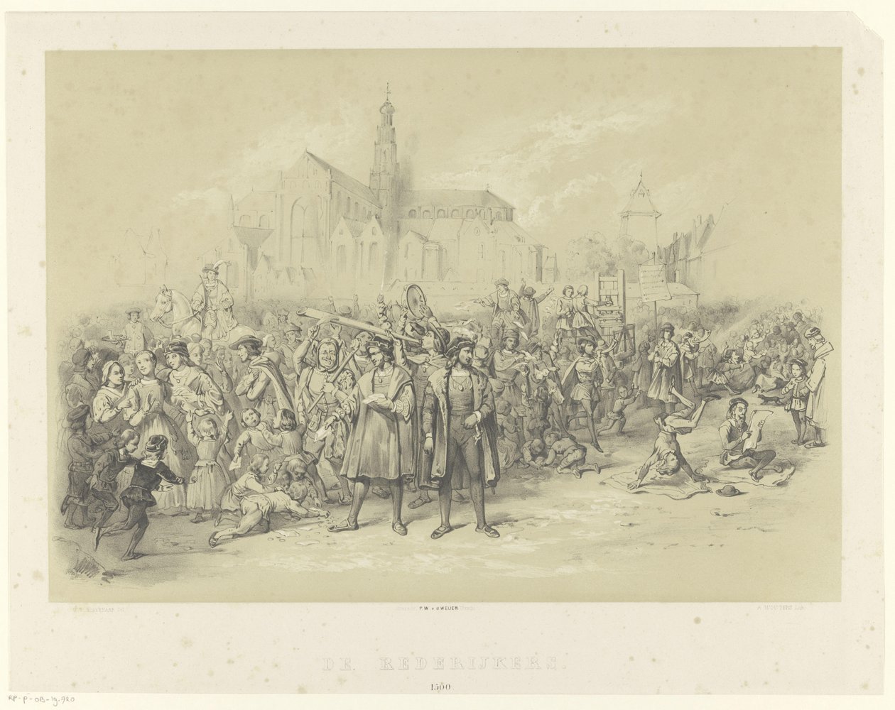 A retorikusok röpiratokat osztogatnak The Rederijkers 1500 (cím a tárgyon) alkotó: Augustinus Jacobus Bernardus Wouters