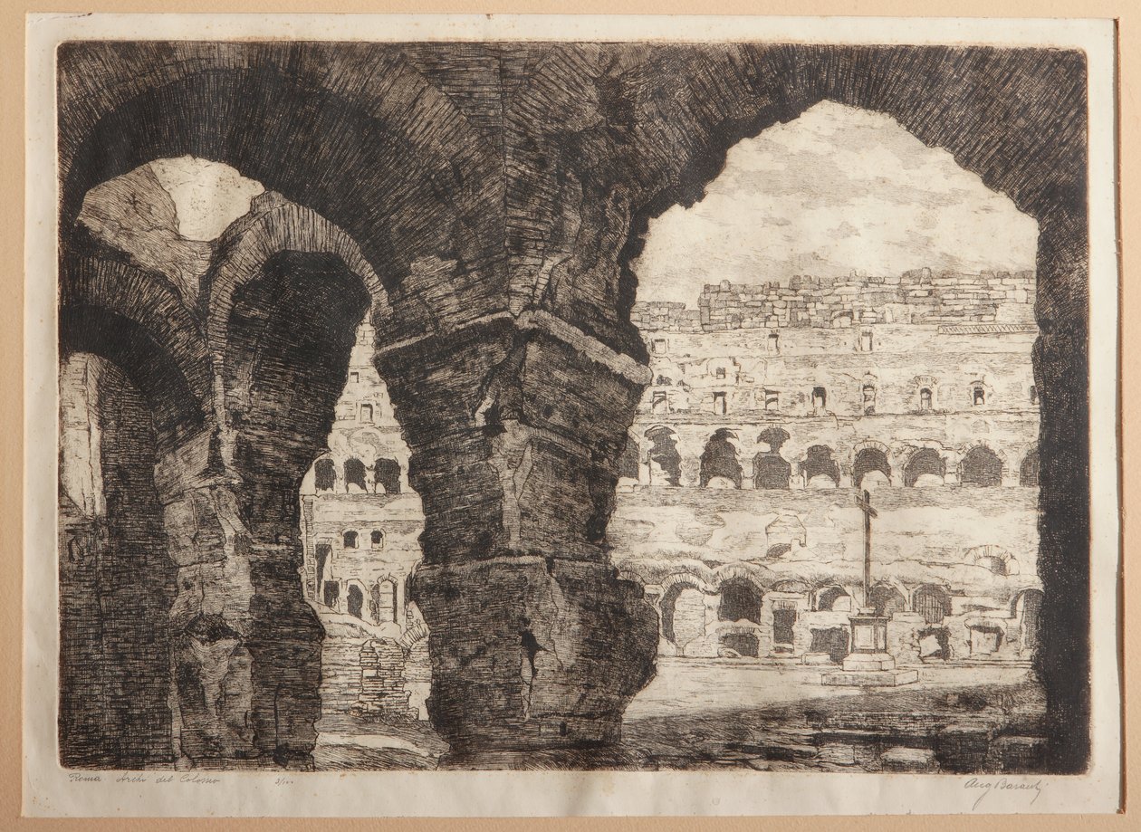 Róma, a Colosseum boltívei (rézkarc papírra) alkotó: Augusto Baracchi