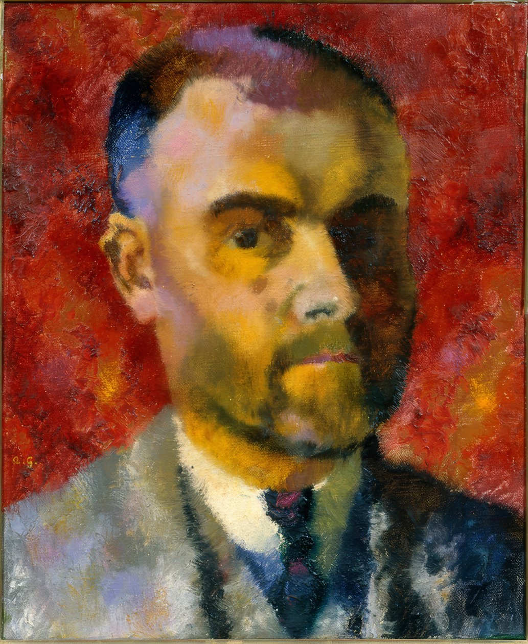Augusto Giacometti önarcképe vörös háttér előtt alkotó: Augusto Giacometti