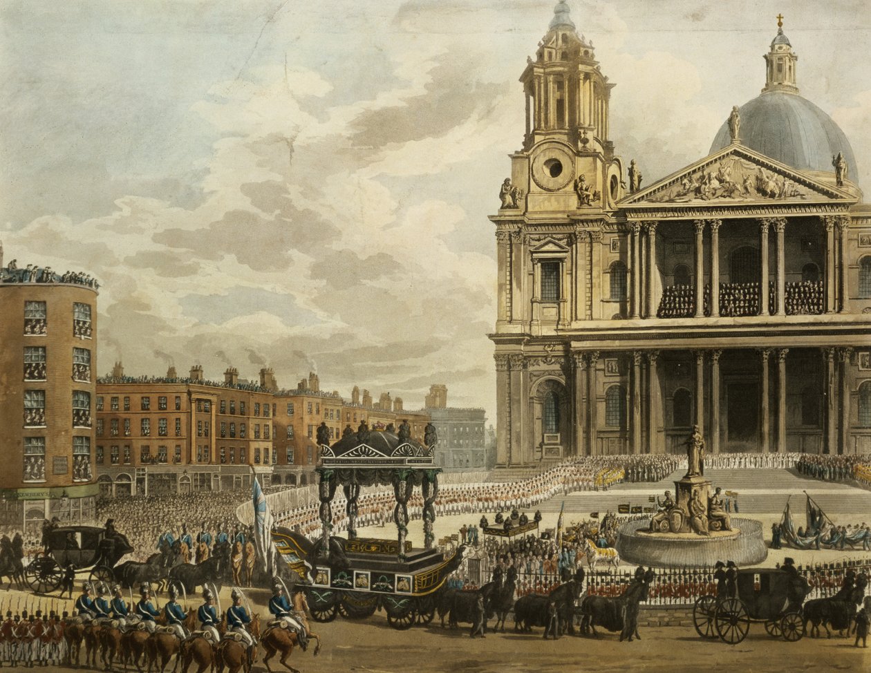 Néhai Nelson vikomt temetési menete az Admiralitástól St. Paulsig, 1806. január 9., vésette Merigot, kocsma. 1806 (akvatinta) alkotó: Augustus Charles Pugin