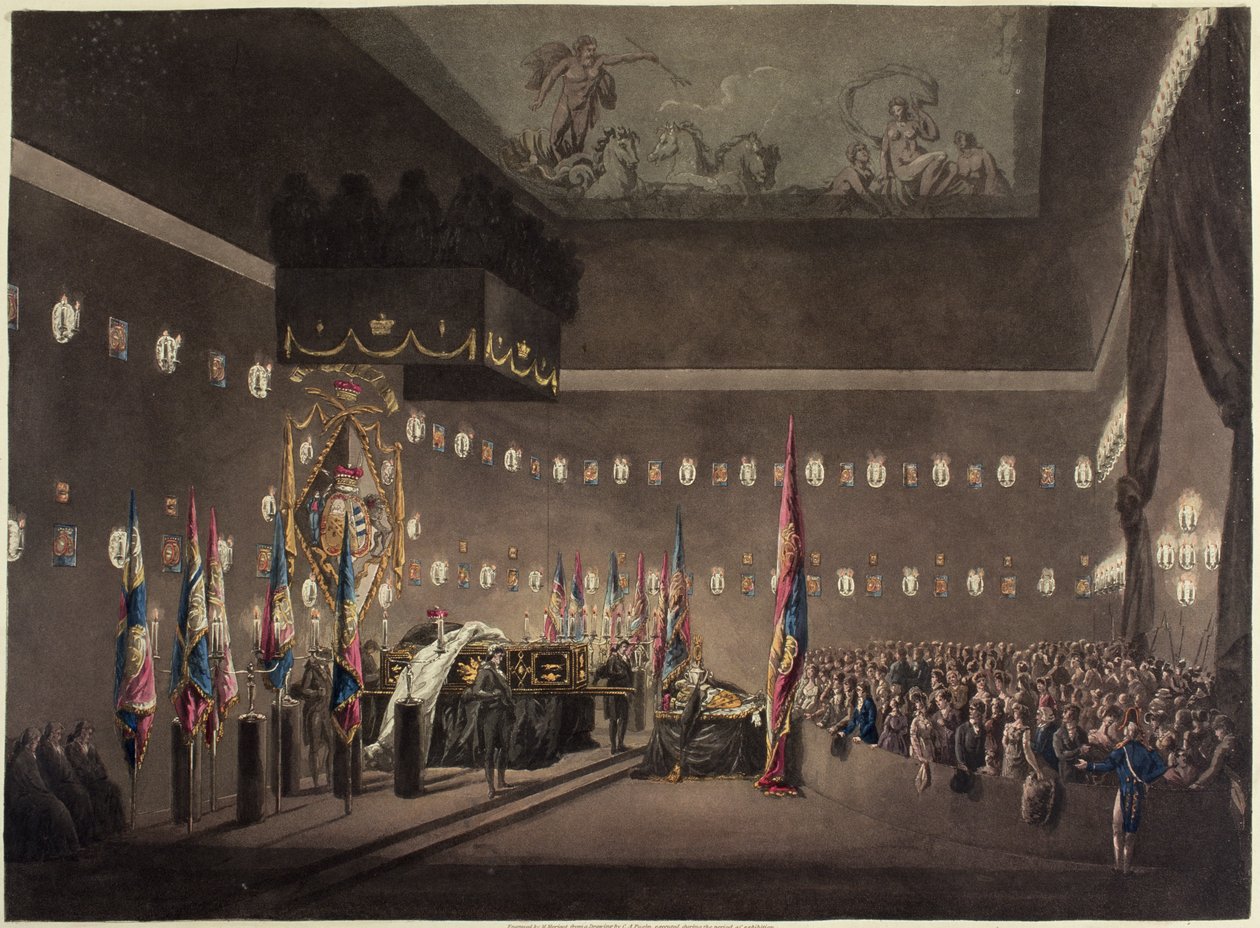 Lord Viscount Nelson maradványai a greenwichi kórház festett kamrájában nyugszanak, metszet: M. Merigot, 1806. alkotó: Augustus Charles Pugin