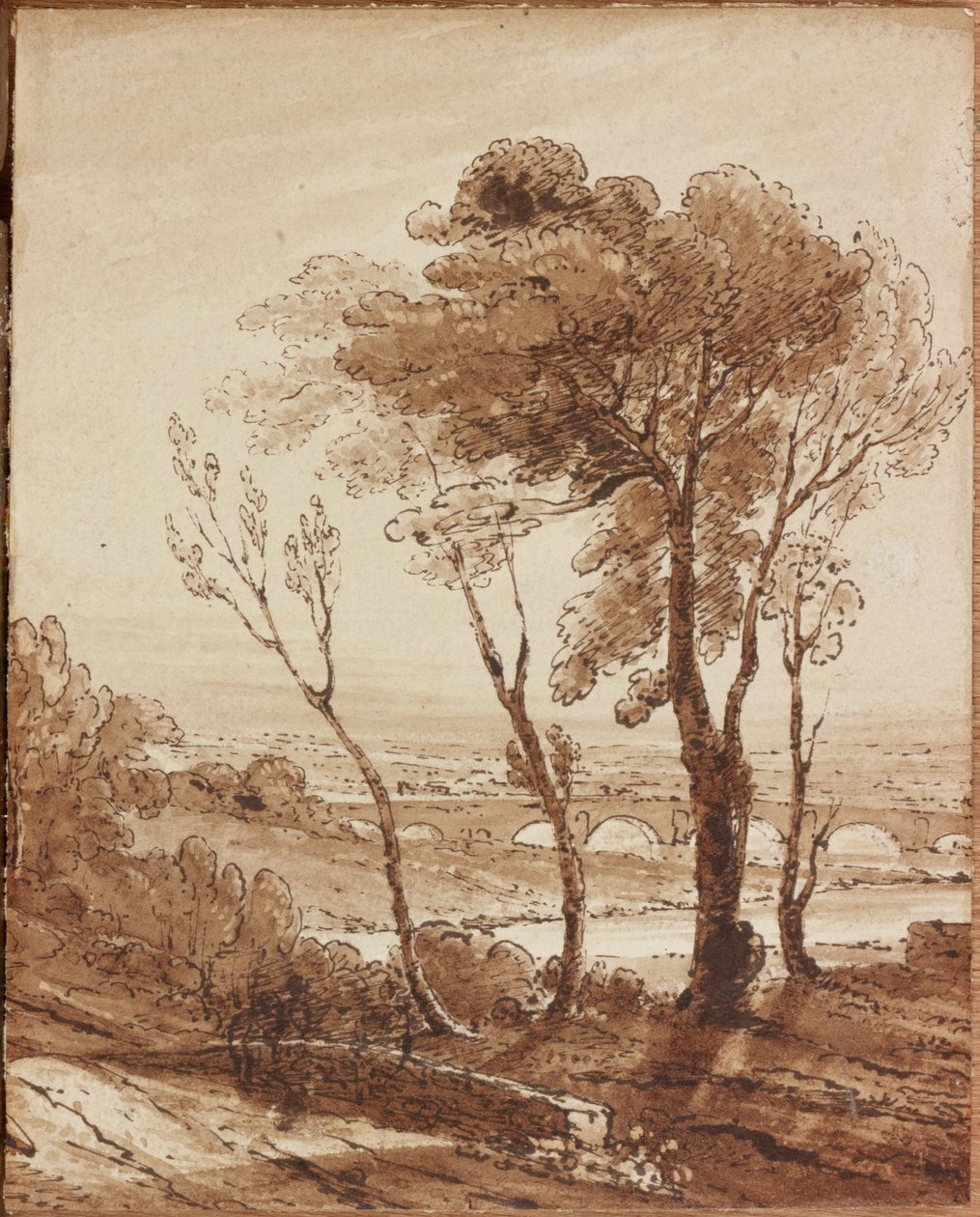 Tájkép híddal (tinta és mosás papíron (szövött)) alkotó: Augustus Wall Callcott