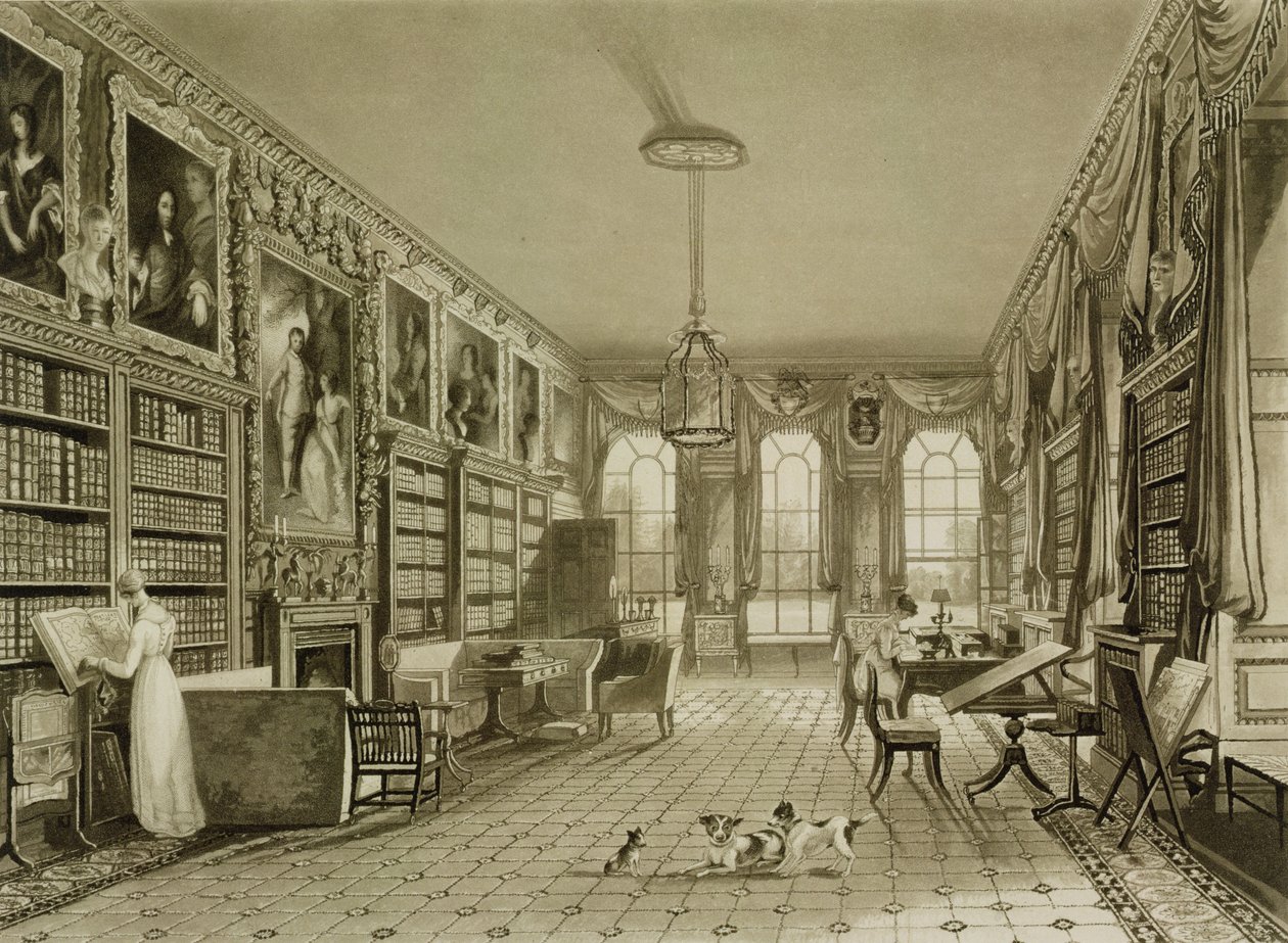 Könyvtár, mint ülőszoba, Cassiobury Park, 1815 körül, J. Britton "The History and description...of Cassiobury Park", London, 1837, az ábrákat Meyer metszette, az aquatintát F. Lewis készítette. alkotó: Augustus Welby Northmore Pugin