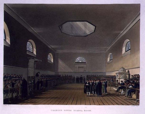 Charter House School Room, a "History of Charter House School"-ból, a "History of the Colleges" része, metszett J. Bluck (fl.1791-1831) pub. R. Ackermann alkotó: Augustus Charles (after) Pugin