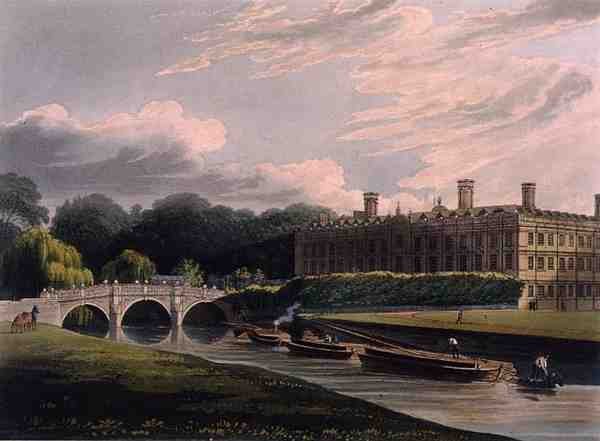 A cambridge-i Clare Hall külseje a „The History of Cambridge”-ből, J. Bluck (fl.1791-1831) metszete, pub. R. Ackermann alkotó: Augustus Charles (after) Pugin