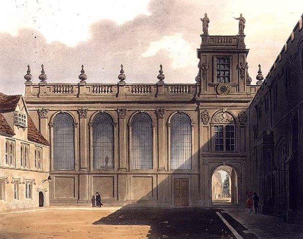A Trinity College Chapel külseje, illusztráció az Oxford történetéből, J. Bluck (fl.1791-1831) kocsma metszetében. R. Ackermann alkotó: Augustus Charles (after) Pugin