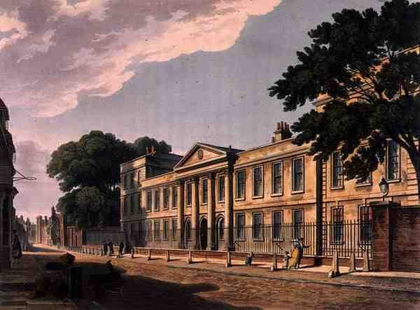 A cambridge-i Emmanuel College előlapja, a „Cambridge története” című művéből, Joseph Constantine Stadler (fl.1780-1812) metszete, pub. R. Ackermann alkotó: Augustus Charles (after) Pugin