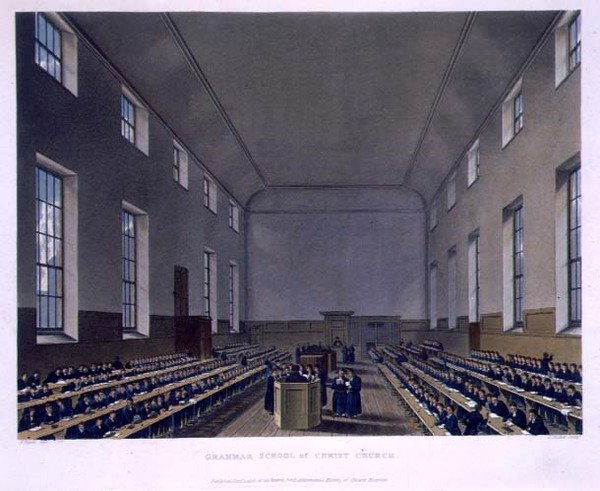 Grammar School of Christ Church, a "Krisztus Kórház története", a "History of the Colleges" része, vésette Joseph Constantine Stadler (fl.1780-1812) pub. R. Ackermann alkotó: Augustus Charles (after) Pugin
