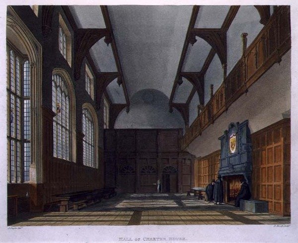 Hall of Charter House, a "History of Charter House School"-ból, a "History of the Colleges" része, vésette Daniel Havell (1785-1826) pub. R. Ackermann alkotó: Augustus Charles (after) Pugin