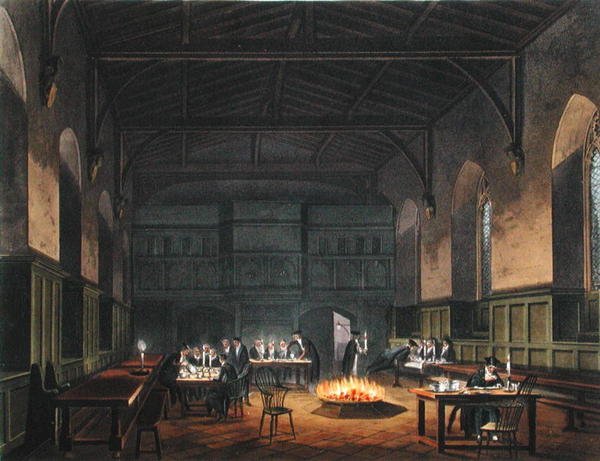 A Westminster School csarnoka, Ackermann "History of Westminster School" című művéből, a "History of the Colleges" részéből, metszette J. Stadler, megjelent 1816-ban (akvatinta). alkotó: Augustus Charles (after) Pugin