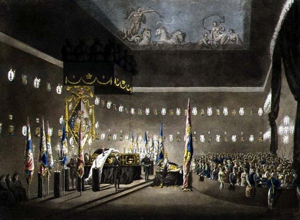 Lord Nelson vikomt földi maradványai fekve a Greenwich Kórház festett kamrájában, J. Merigot metszete, pub. 1806 (színes metszet) alkotó: Augustus Charles (after) Pugin