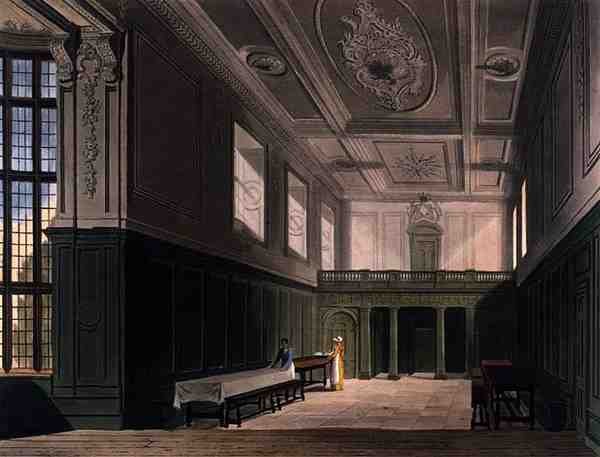 The Hall of Sidney College, Cambridge, a "The History of Cambridge"-ből, vésette Daniel Havell (1785-1826), pub. R. Ackermann alkotó: Augustus Charles (after) Pugin