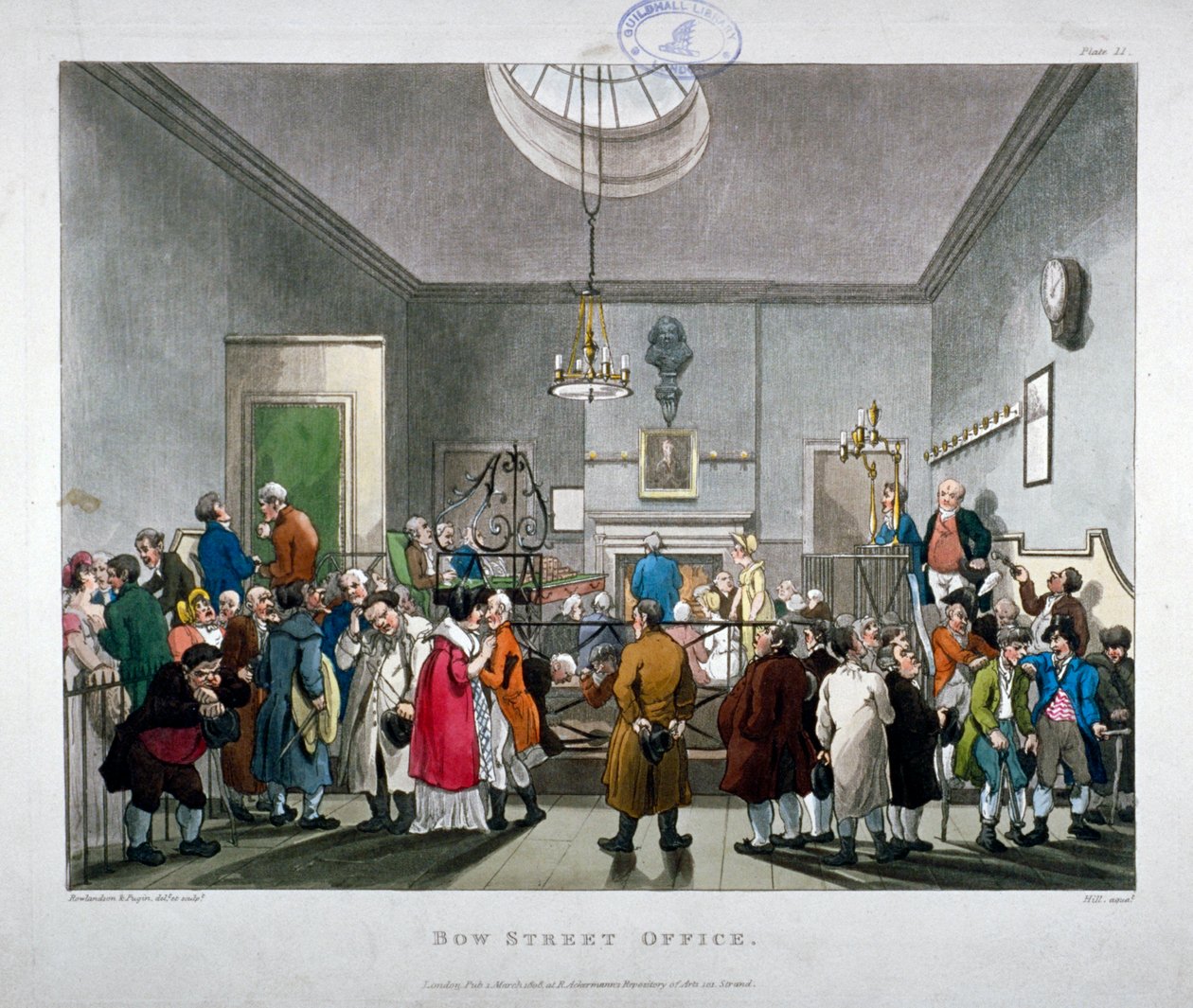 Bow Street Police Court, Westminster, London, 1808 alkotó: Augustus Charles Pugin, Thomas Rowlandson