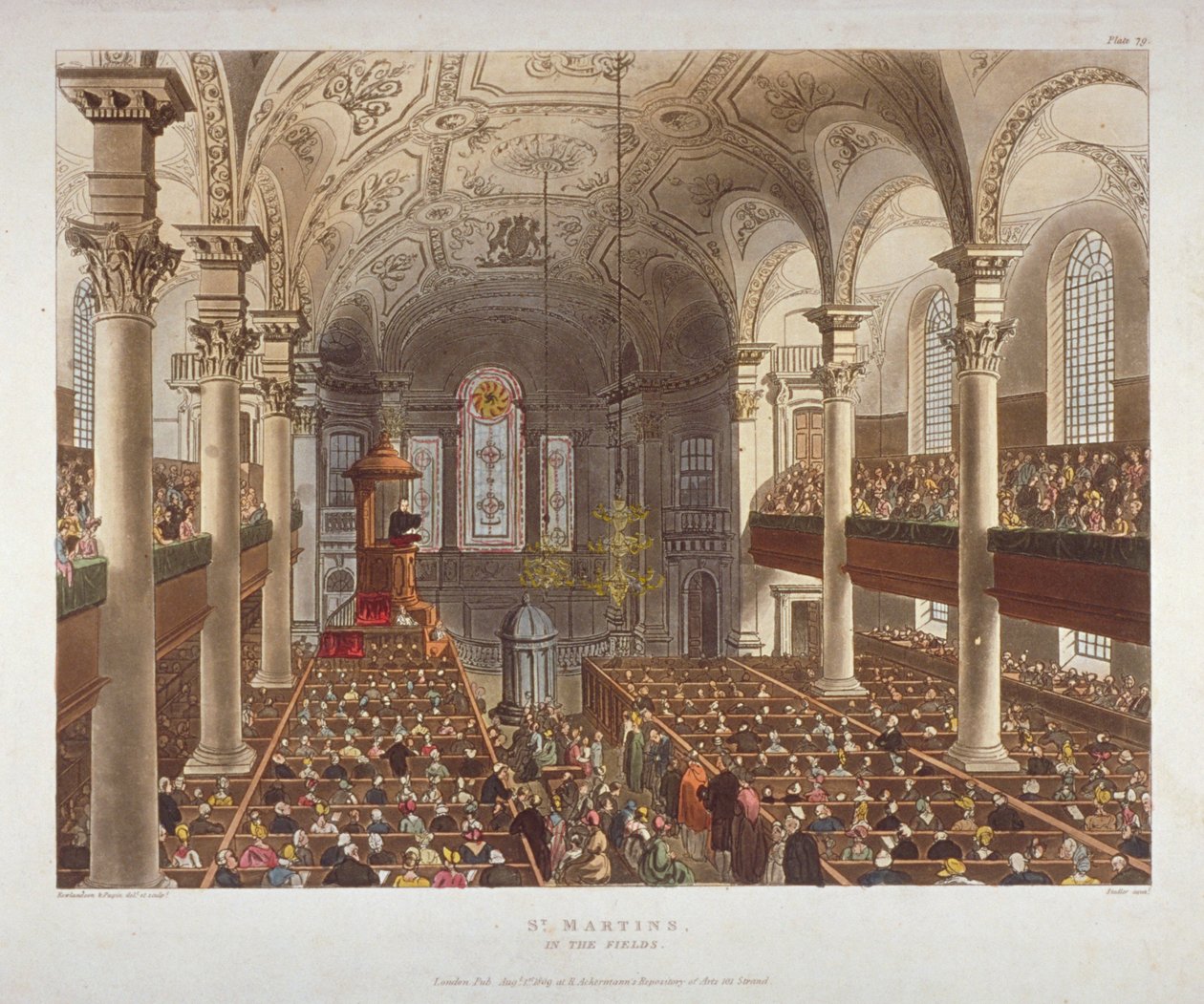 A St Martin-in-the-Fields templom belseje, Westminster, London, 1809 alkotó: Augustus Charles Pugin, Thomas Rowlandson