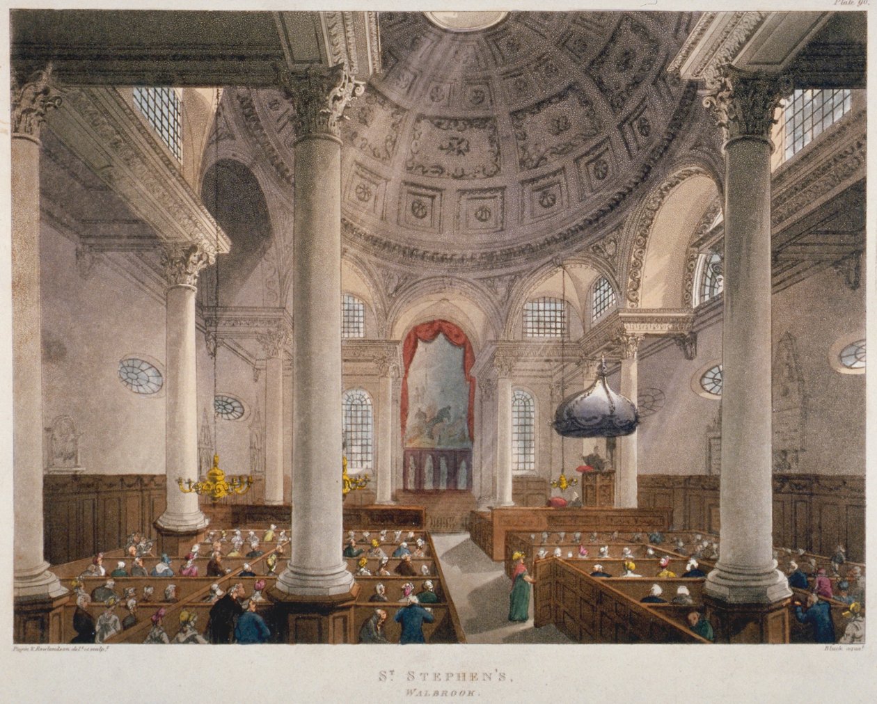 A Szent István Walbrook-templom belseje egy istentisztelet alatt, London City, 1809 alkotó: Augustus Charles Pugin, Thomas Rowlandson