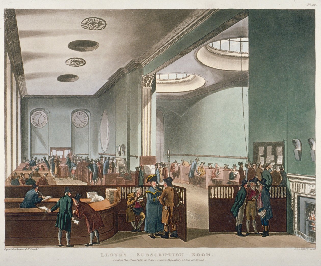 A Lloyds Subscription Room belső képe a Royal Exchange-ben, London City, 1809 alkotó: Augustus Charles Pugin, Thomas Rowlandson