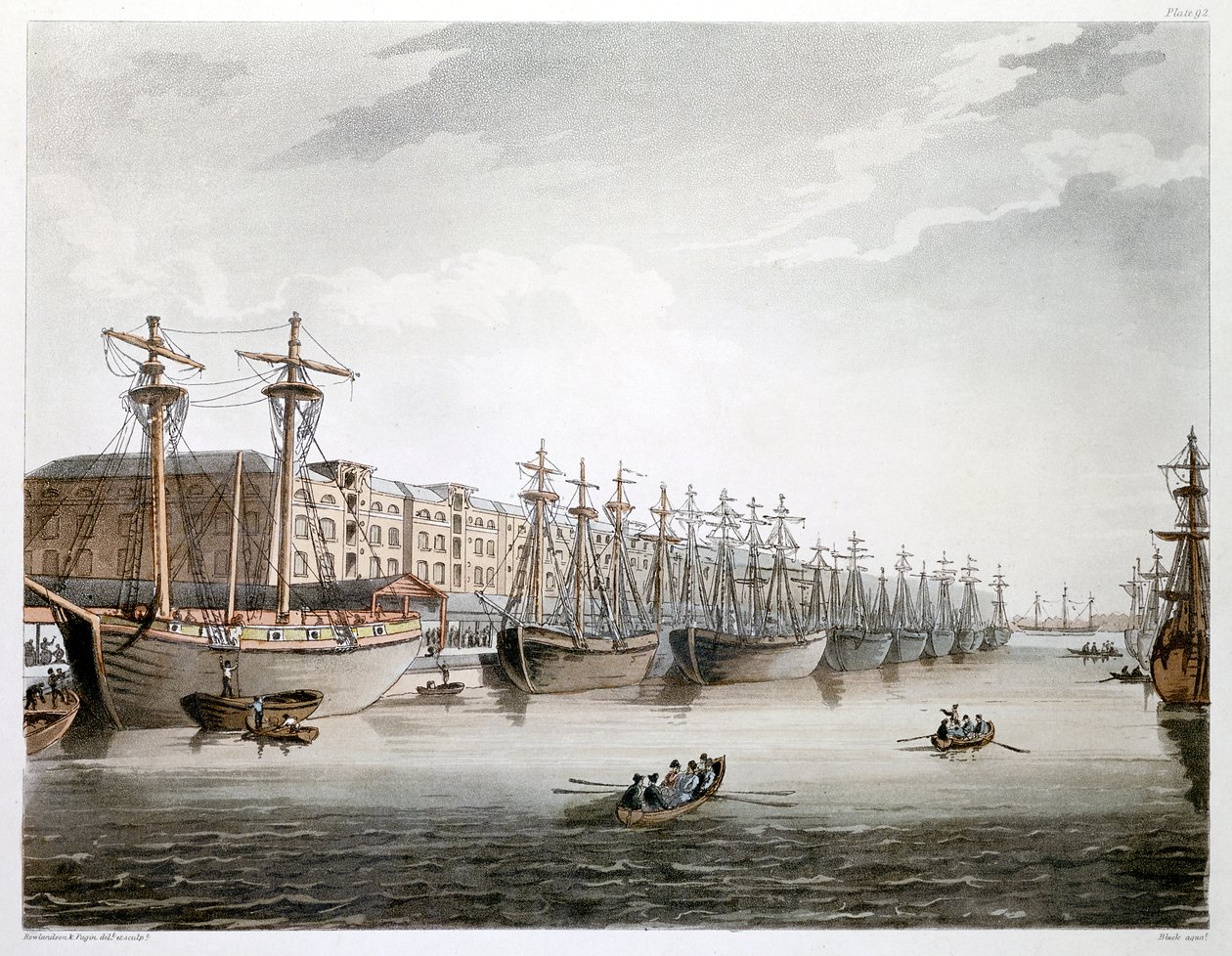 West India Docks, London, 1808-1810 alkotó: Augustus Charles Pugin, Thomas Rowlandson