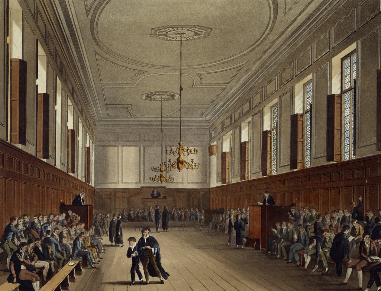 Eton School Room, az "Eton College története", a "History of the Colleges" része, vésette Joseph Constantine Stadler (fl.1780-1812) pub. R. Ackermann, 1816 (akvatinta) alkotó: Augustus Charles Pugin