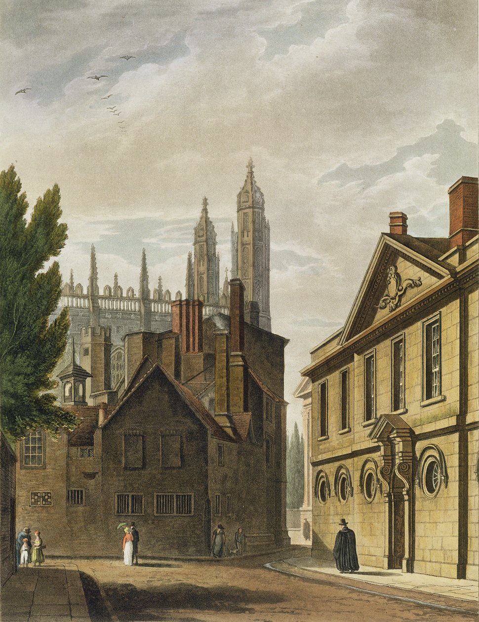 A Cambridge-i Trinity Hall eleje, a „Cambridge története”-ből, Joseph Constantine Stadler (fl.1780-1812) metszete, pub. R. Ackermann, 1815 (színes akvatinta) alkotó: Augustus Charles Pugin