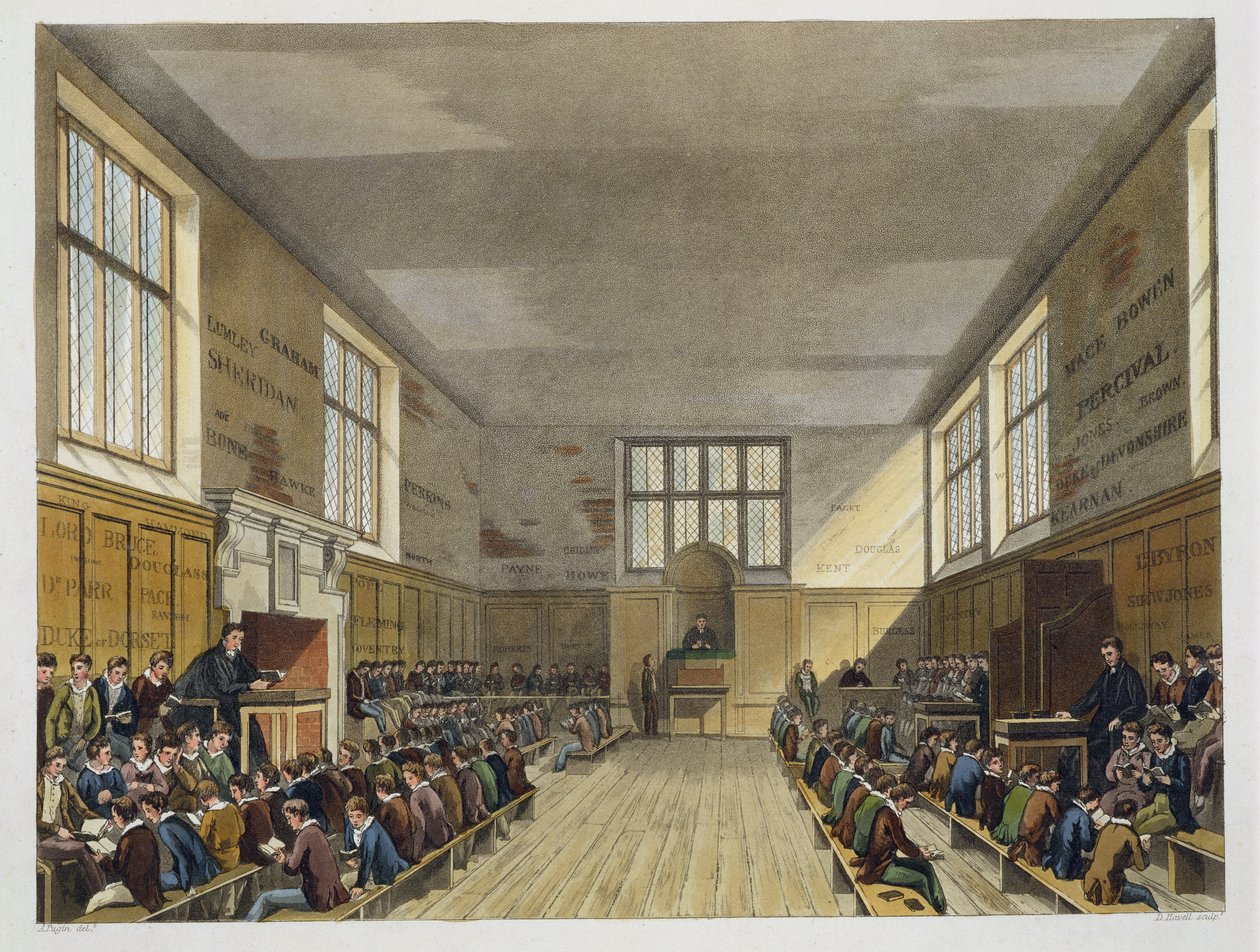 Harrow Iskolaterem a „History of the Colleges”-ból, a „History of the Colleges”-ból, Daniel Havell (1785-1826) pub metszetéből. R. Ackermann, 1816 (akvatinta) alkotó: Augustus Charles Pugin