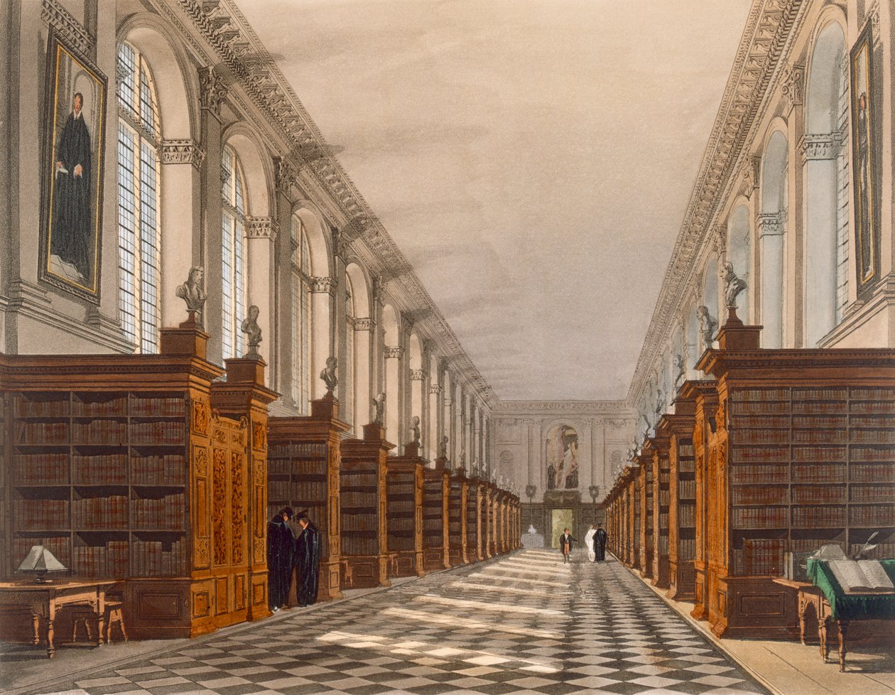 A Cambridge-i Trinity College Library belseje a Cambridge történetéből, Daniel Havell (1785-1826) metszete, pub. R. Ackermann, 1815 (színes akvatinta) alkotó: Augustus Charles Pugin