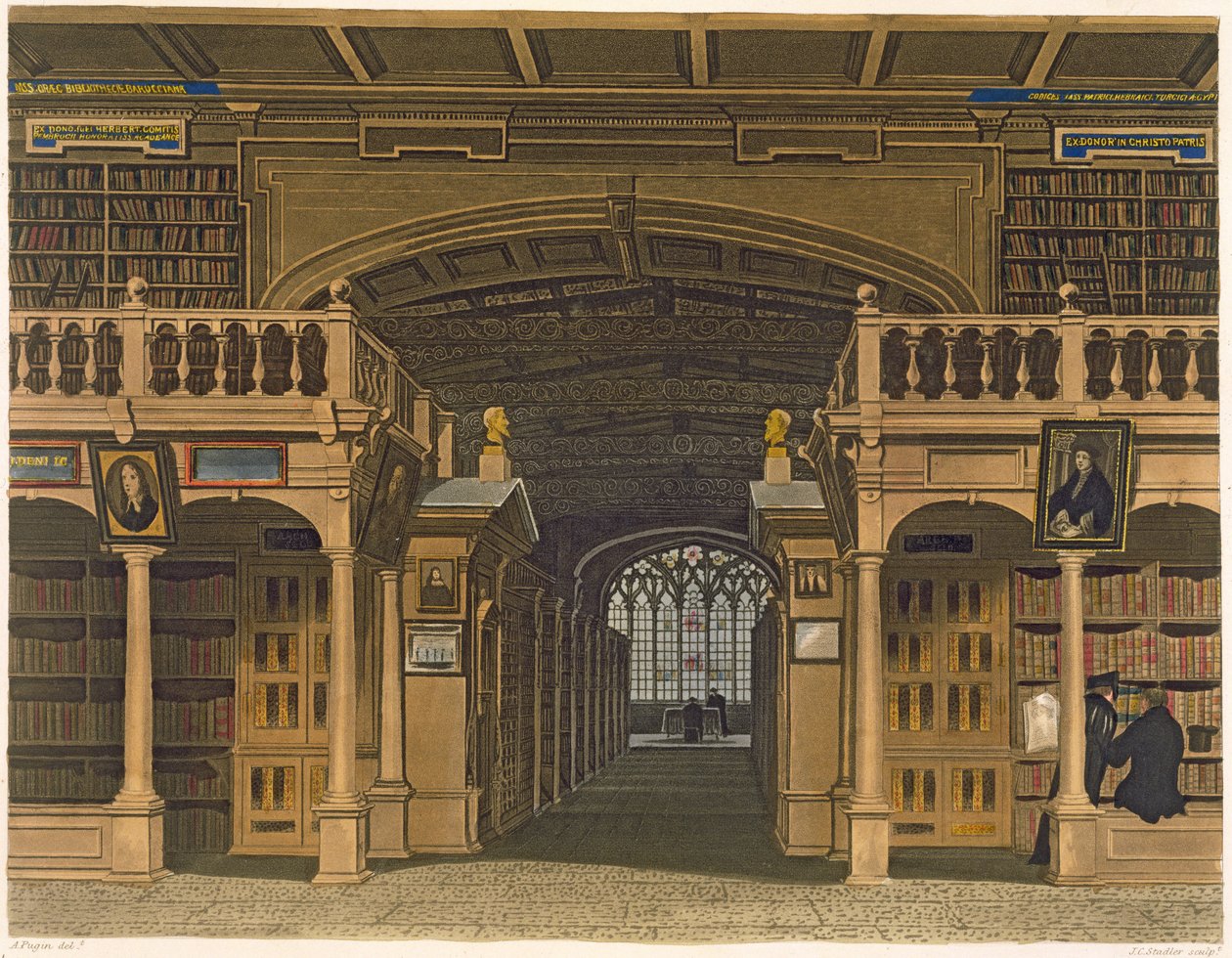 A Bodleian-könyvtár belseje, illusztráció az „Oxford története”-ből, Joseph Constantine Stadler (fl.1780-1812) metszete, pub. R. Ackermann, 1813 (akvatinta) alkotó: Augustus Charles Pugin