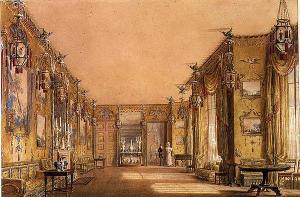 A Brighton Pavilion sárga szalonjának belső tere, 1820 körül (akvarell és gouache papíron) alkotó: Augustus Charles Pugin