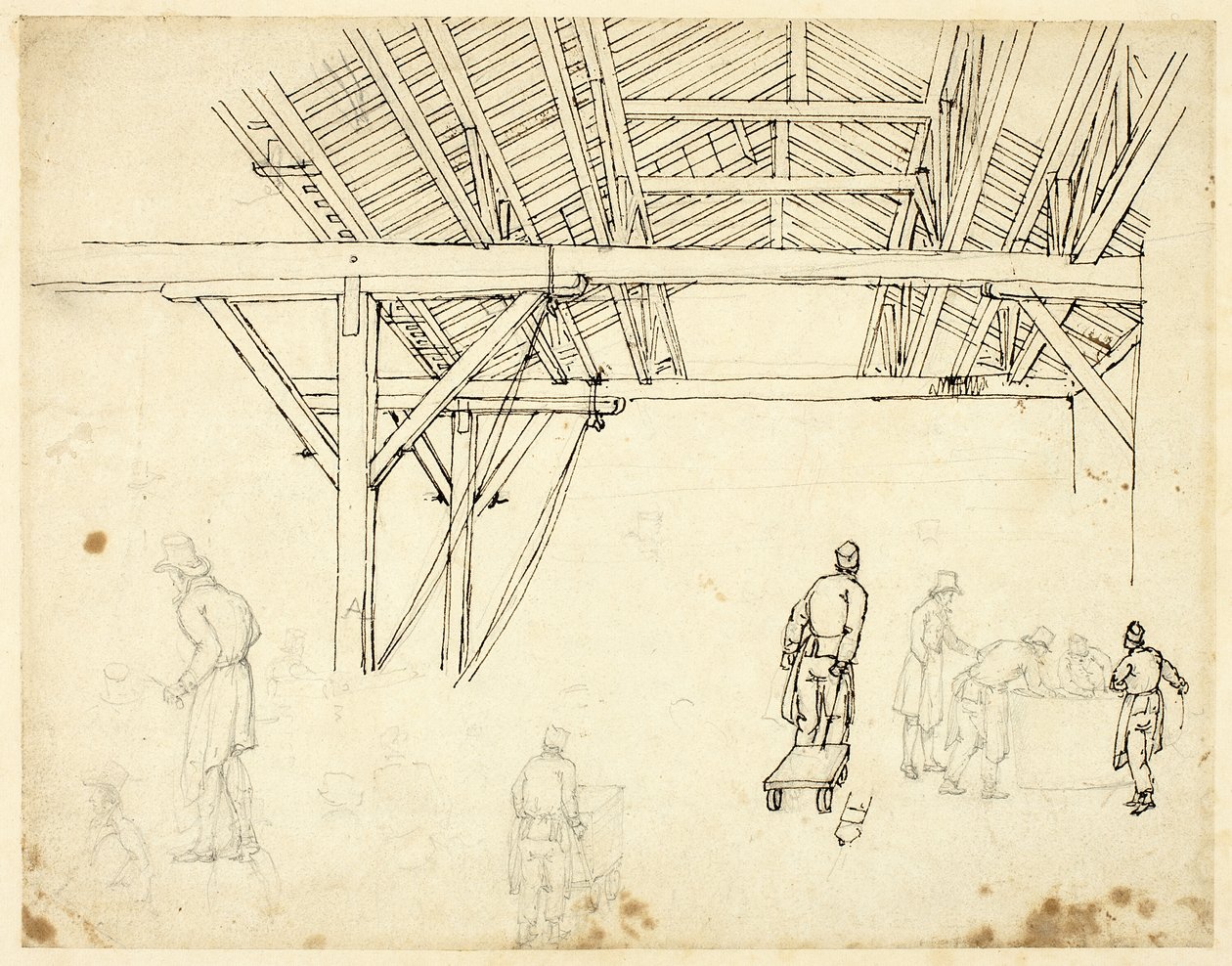 Elutasított tanulmány, esetleg a Vámház illusztrációjához, a londoni Microcosm-tól (recto); Vázlatok hordós munkásokról (fordítva) alkotó: Augustus Charles Pugin