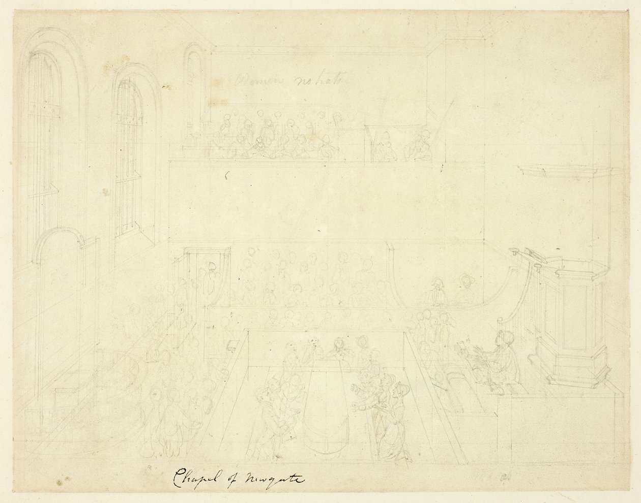 Tanulmány a Newgate-kápolnához, a London mikrokozmoszából alkotó: Augustus Charles Pugin