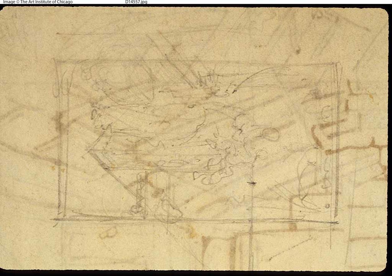 Study for Exhibition Room, Somerset House, Microcosm of London (recto); Vázlat egy festményről: Madonna és gyermeke (fordítva) alkotó: Augustus Charles Pugin