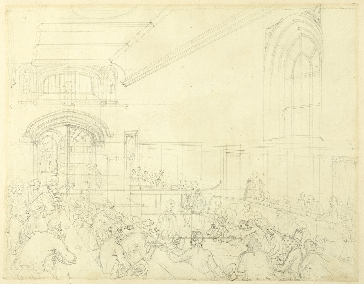 Tanulmány a Guild Hall számára, egy csődbe ment személy vizsgálata hitelezői előtt, a londoni Microcosmtól alkotó: Augustus Charles Pugin