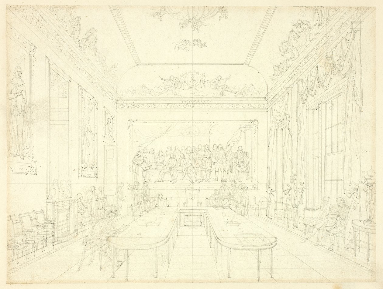 Tanulmány a Trinity House számára, a londoni Microcosmtól (recto); A sorházak homlokzatának építészeti vázlata (fordítva) alkotó: Augustus Charles Pugin