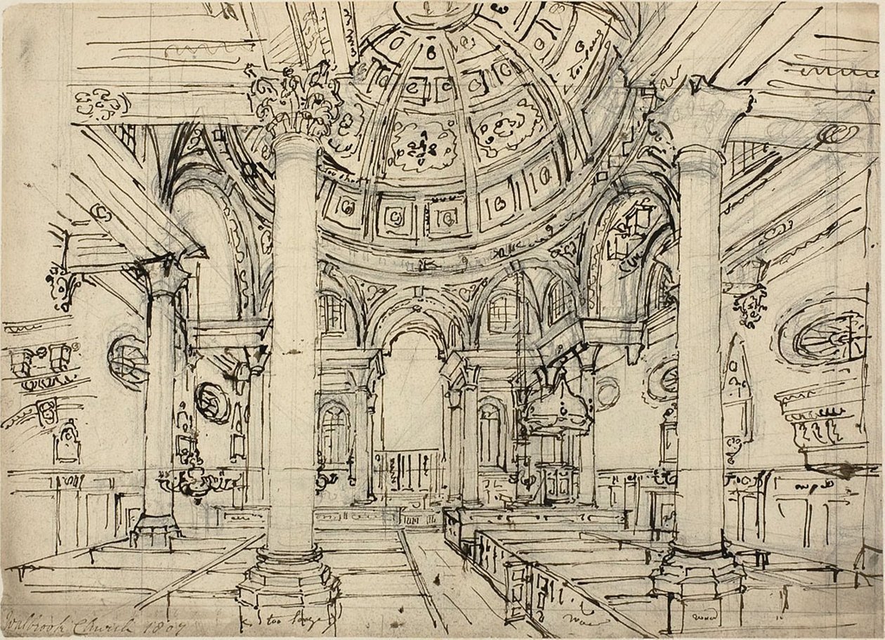 Tanulmány a Walbrook Church számára (recto); Vázlatok vitorlásokról, férfiakról és gumicsónakokról (fordítva) alkotó: Augustus Charles Pugin