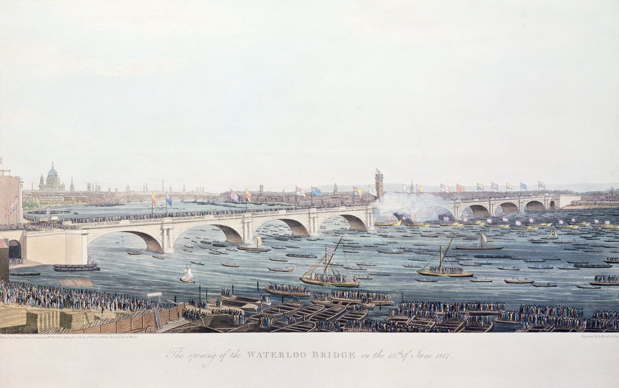 A Waterloo-híd megnyitása 1817. június 18-án, W. Findlater rajzából A. Pugin metszet, R. Havell és Son metszet, 1818 (színes metszet) alkotó: Augustus Charles Pugin