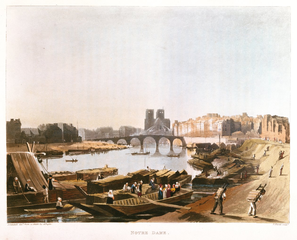 Notre Dame, Ile de la Cite, Ile Saint Louis és a Pont de la Tournelle, 1821 alkotó: Augustus Charles after Pugin