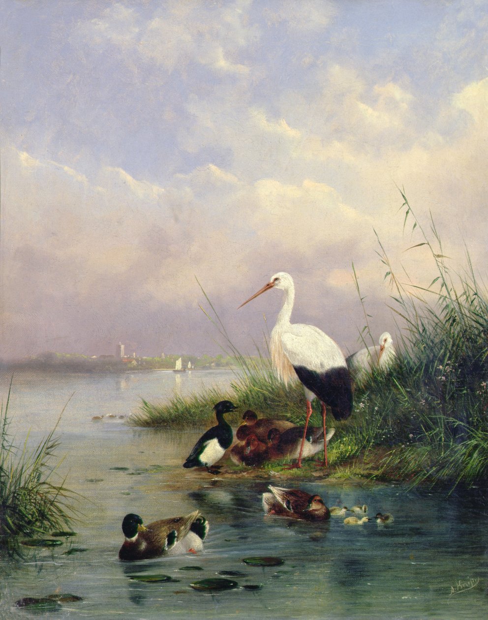 Egy tőkés réce család, két gólya és egy bojtos réce család (77886 pár) alkotó: Augustus Knip