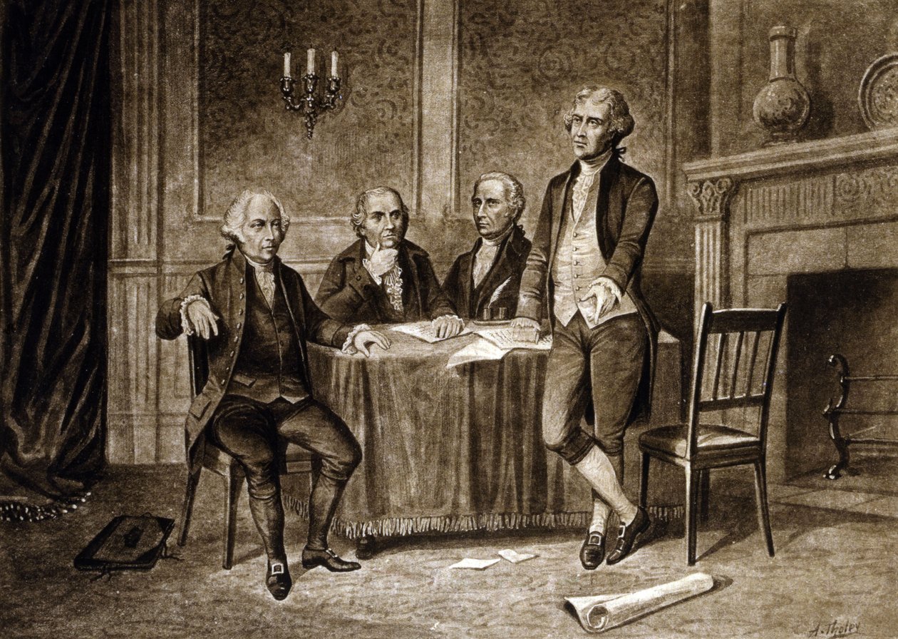 A kontinentális kongresszus vezetői 1775: John Adams, Robert Morris, Alexander Hamilton, Thomas Jefferson, Augustus Tholey rajza (1894) alkotó: Augustus Tholey