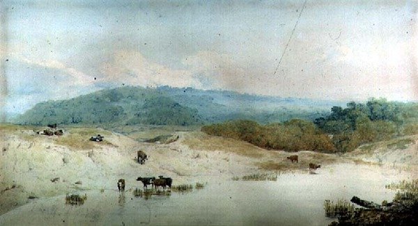 Kilátás Yorkshire-ben, folyó és szarvasmarha, (rajz) alkotó: Augustus Wall Callcott