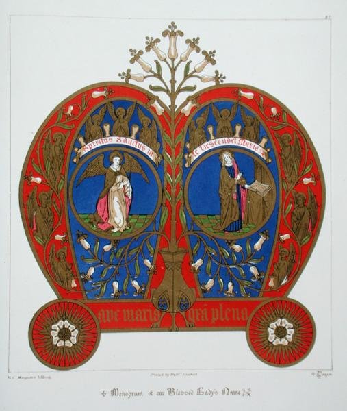 Boldogasszonyunk nevének monogramja, az „Echlesiastical Ornament and Constume szójegyzékéből”, H.C. litográfiája. Maguire alkotó: Augustus Welby Northmore (after) Pugin
