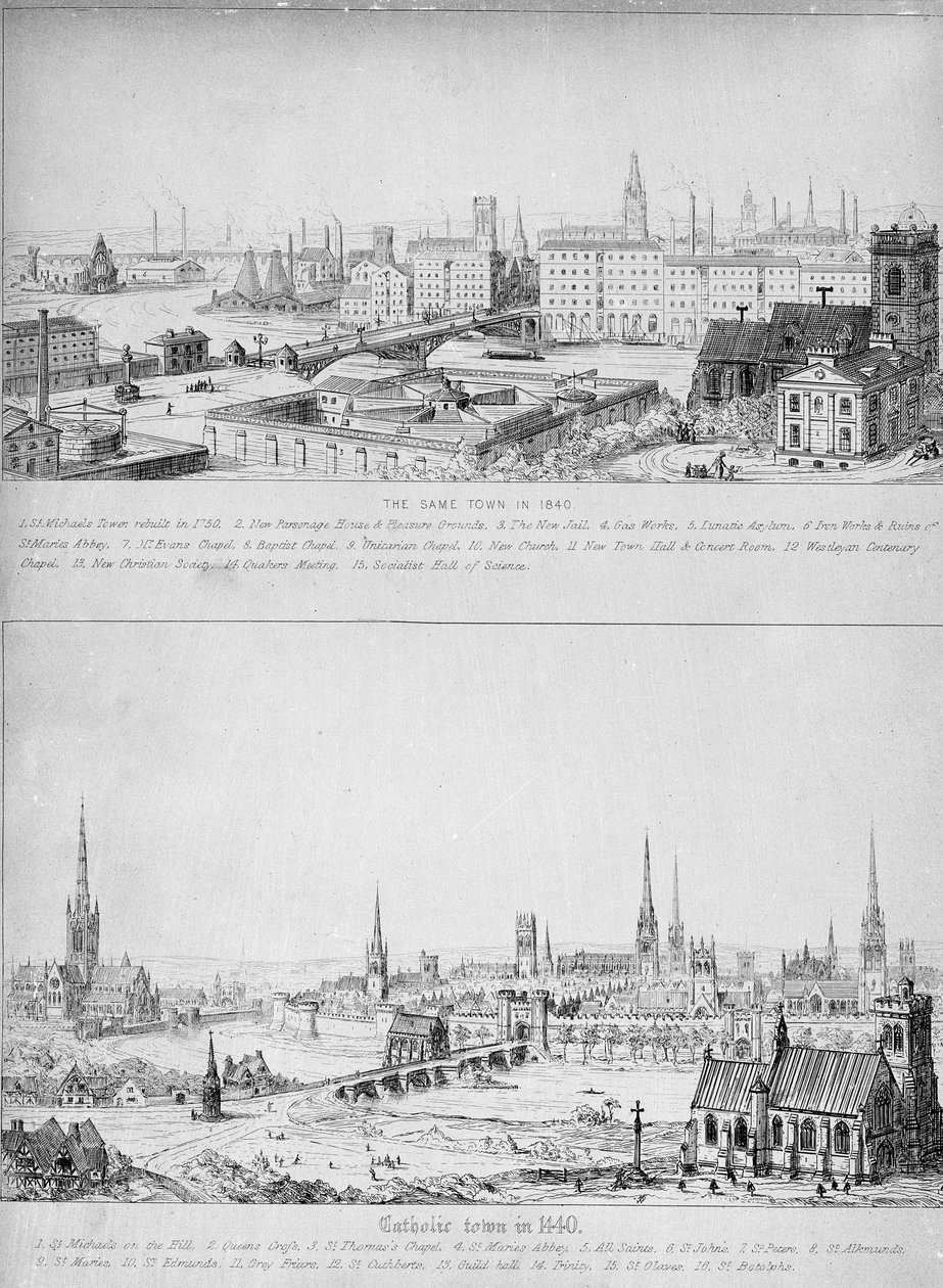 Katolikus város 1440-ben és ugyanez a város 1840-ben alkotó: Augustus Welby Northmore Pugin