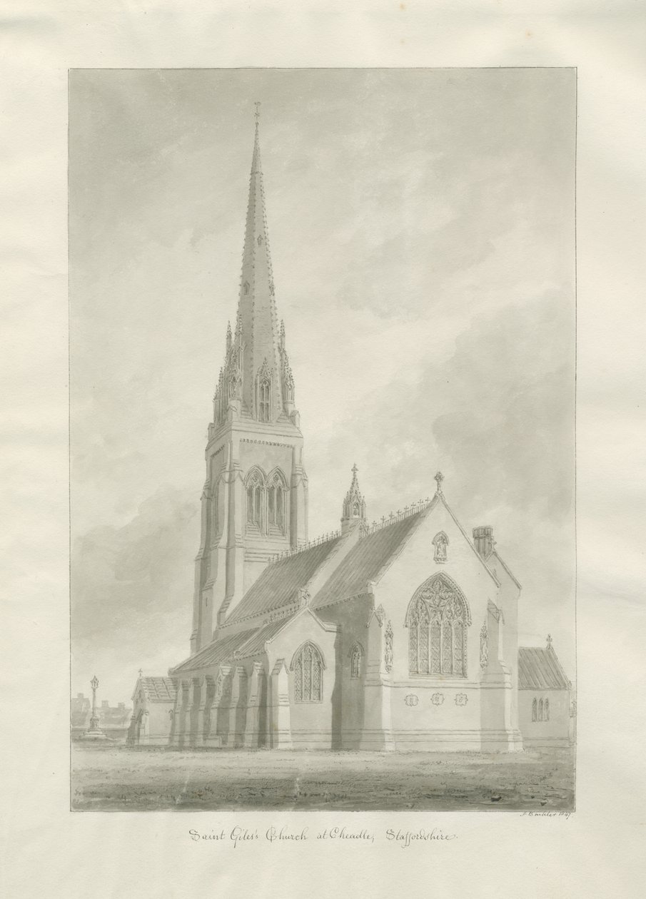 Cheadle - római katolikus templom (St Giles): szépia mosás rajz alkotó: Augustus Welby Northmore Pugin