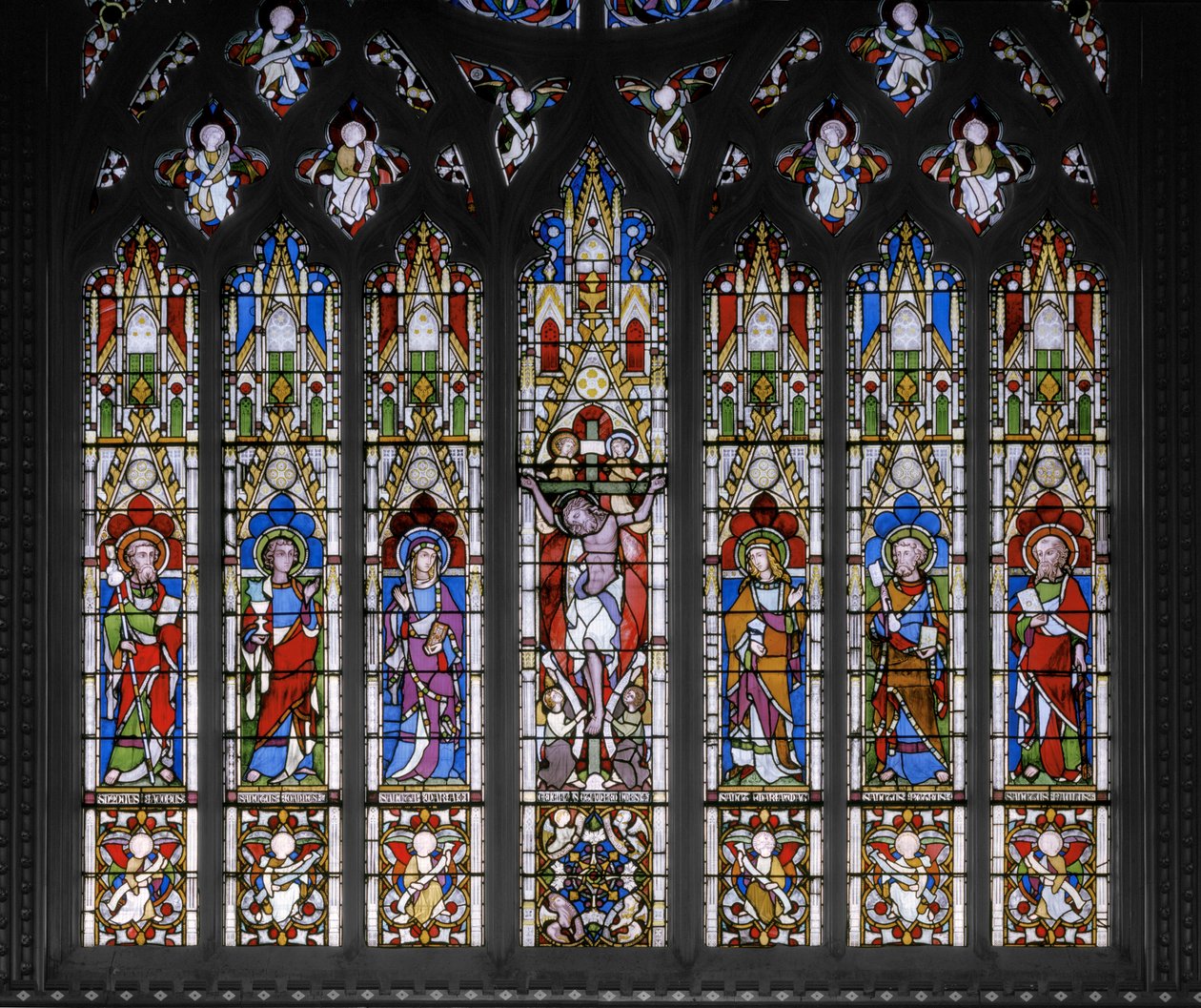 Keresztre feszítés szentekkel, 1851 (festett üveg) alkotó: Augustus Welby Northmore Pugin